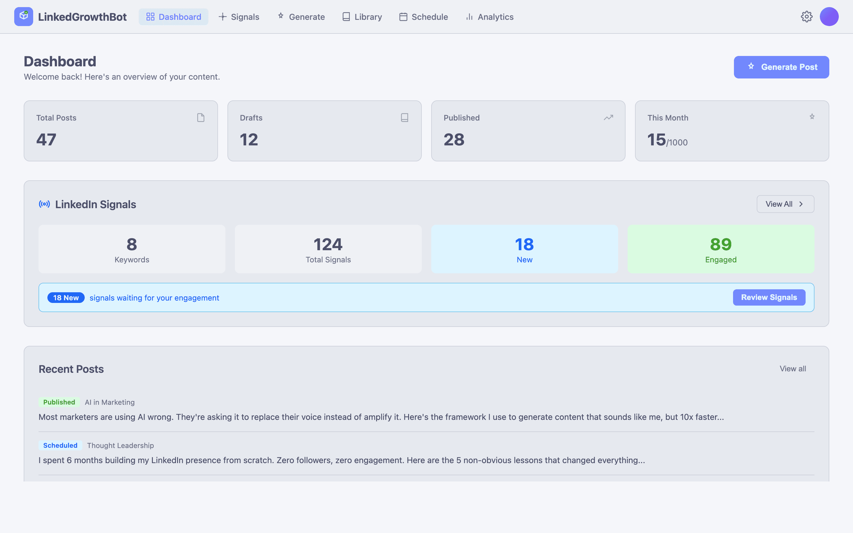 LinkedGrowthBot dashboard showing post stats, LinkedIn signals, and recent posts